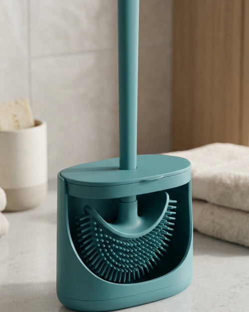 Xwfkv Crescent Twin-Blade Silicone Toilet Brush with Flip-Lid Base Teal - Lifestyle view