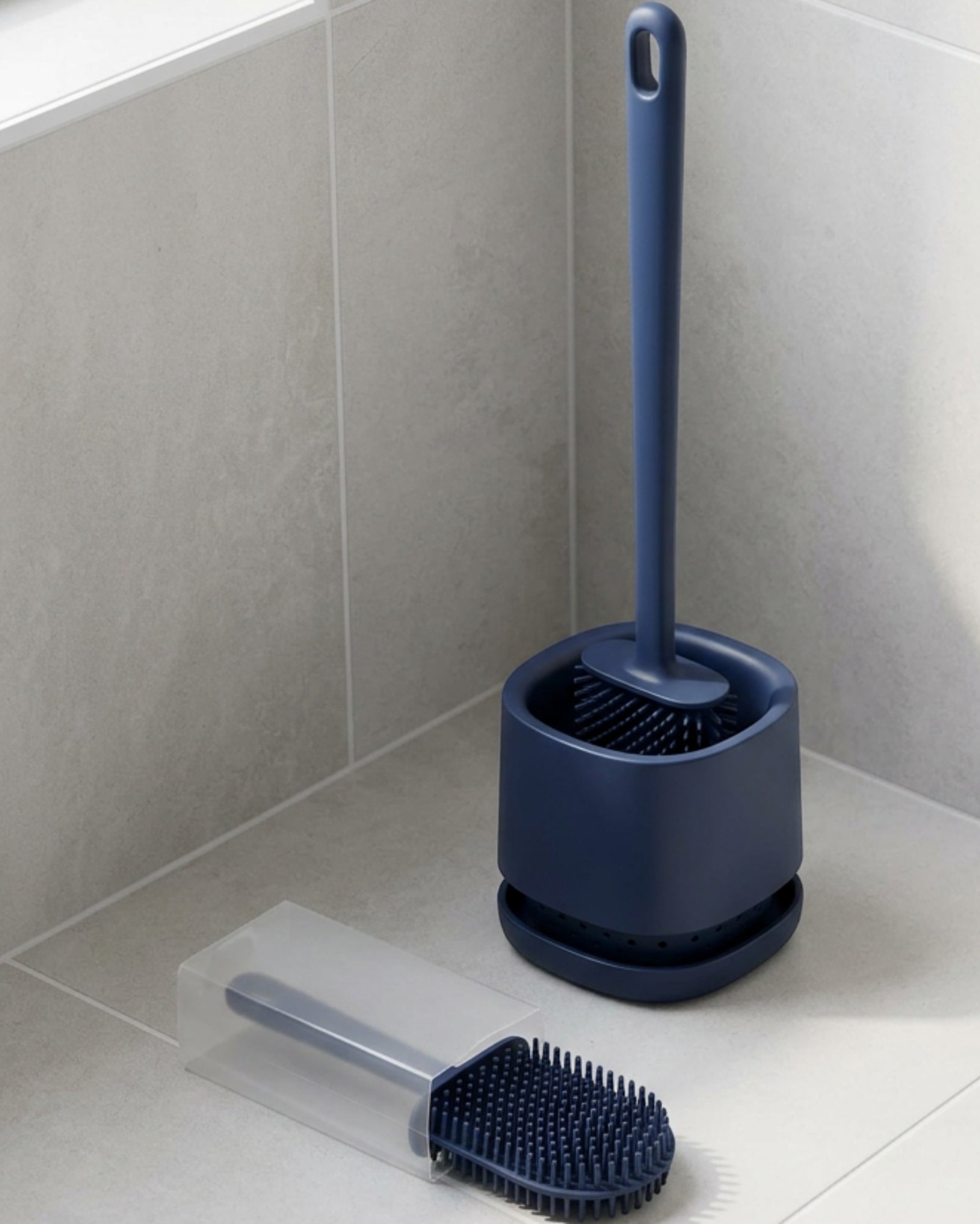 Xwfkv Narrow U-Groove Silicone Toilet Brush with Dual-Layer Base Navy - Lifestyle view